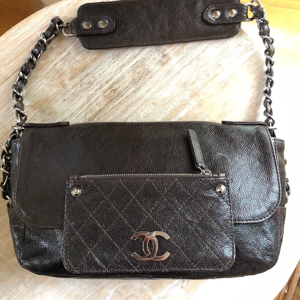 Vintage Chanel brown caviar leather bag .